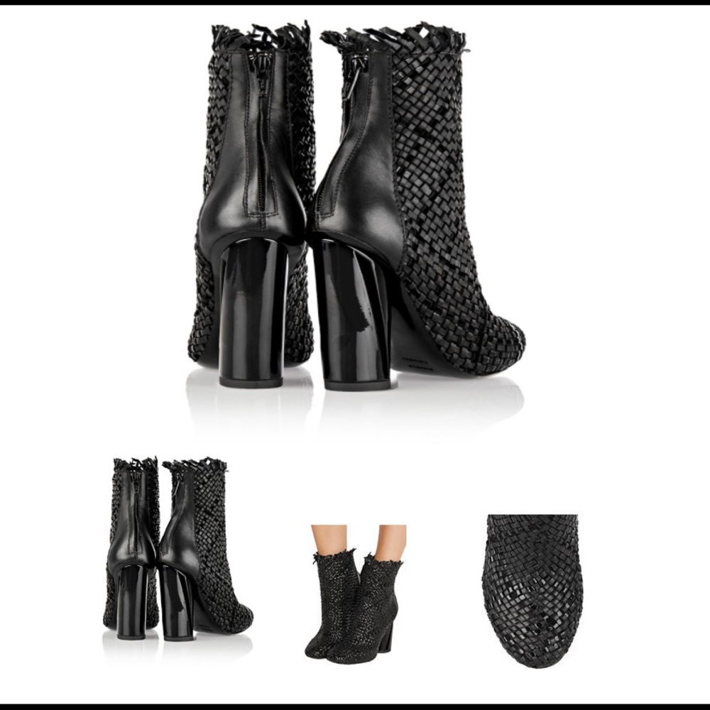 Proenza Schouler black woven matte and patent leather ankle boots.